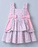 ToffyHouse Cotton Woven Layered Frock with Sleeveless, Back Buttons, Bow and Floral Print - Pink