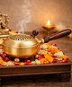YUNHI Gold Finish Metal Dhoop Burner with Wooden Handle | Round Mesh Lid for Smooth Smoke Flow | Loban, Kapoor & Incense Holder for Pooja & Home