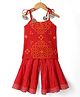Teentaare Cotton Woven Sleeveless Kurta & Sharara Set With Bandhani Print & Lace Detailing - Red