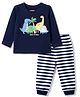 Babyhug Cotton Knit Full Sleeves Dino Printed & Striped Pyjama Night Suit - Navy Blue