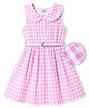 Hola Bonita Woven Sleeveless Checked Peter Pan Collar Dress With Belt & Lace Detailing - Pink