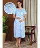 Moms Ever Knitted Knit Half Sleeves Hearts Printed Nighty With Overlap Nursing Access - Blue