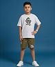 Kaboosh Cotton Knit Half Sleeves Panda Mood Text Printed Tee & Cargo Shorts Set - White & Military Green