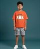 Kaboosh Cotton Knit Half Sleeves Cozy Critters Text & Animal Printed Tee & Shorts Set - Orange & Steel Grey
