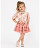Rose Couture Chiffon Woven Three Fourth Sleeves Butterfly Printed Top With Layered Skirt Set - Peach