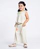 Rose Couture Cotton Blend Woven Sleeveless Tassels Detailed Dots Printed Top With Pants Set - White