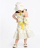 Rose Couture Cotton Blend Woven Sleeveless Strawberry Printed Dress With Hat & Sling Bag - Yellow