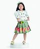 Rose Couture Cotton Blend Woven Half Puffed Sleeves Leaves Printed Top & Pleated Skirt Set - Olive Green