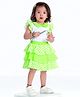 Rose Couture Cotton Blend Woven Cap Sleeves Floral Applique Detailed Top & Layered Skirt Set - Green