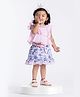 Rose Couture Cotton Blend Woven Frill Sleeves Floral Applique Detailed Layered Top & Skirt Set - Pink