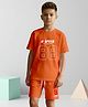 NUSYL Cotton Blend Knit Half Sleeves Speed Text Printed Tee & Shorts Set - Orange