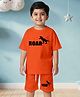 NUSYL Cotton Blend Knit Half Sleeves Dinosaur & Roar Text Printed Tee & Shorts Set - Orange