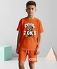 NUSYL Cotton Blend Knit Half Sleeves Cool Zone Text Printed Tee & Shorts Set - Orange