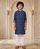 Kiddopanti Cotton Woven Full Sleeves Floral Printed Kurta & Pyjama Set - Indigo Blue & White
