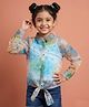 Kiddopanti Cotton Knit Full Sleeves Floral Printed Tie Up Detailed Shirt Style Top With Inner Set - Multi Colour & Light Blue