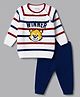 Babyhug Full Raglan Sleeves Striped & Tiger Embroidered Sweater Set - White & Navy Blue
