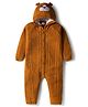 Babyhug Knit Full Sleeves Hooded Winter Wear Romper With Cable Knit Design & Bear Applique - Light Brown