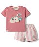 Ollypop Interlock Knit Half Sleeves Palm Tree Embroidered & Striped T-Shirt & Shorts Set - Pink