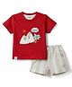 Ollypop Interlock Knit Half Sleeves Palm Tree Embroidered & Striped T-Shirt & Shorts Set - Red