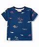 Ollypop Sinker Knit Half Sleeves T-Shirt with Beach Theme Print - Navy