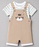 Babyhug 100% Cotton Knit Half Sleeves Striped & Tiger Embroidered Dungaree With Inner Tee - Beige