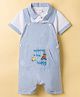 Babyhug Chambray Woven Half Sleeves Dungarees Sets With Stripes & Bear Embroidery - White & Light Blue