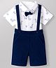 Babyhug Single Jersey Knit Half Sleeves Giraffe Print Shirt & Shorts Set With Suspender & Bow - White & Navy Blue