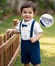 Babyhug 100% Cotton Single Jersey Knit Half Sleeves Giraffe Print Shirt & Shorts Set With Suspender & Bow - White & Navy Blue