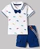 Babyhug Single Jersey Knit Half Sleeves Car Printed Polo T-Shirt and Shorts Set with Attached Bow & Suspender - White