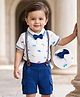 Babyhug Single Jersey Knit Half Sleeves Car Printed Polo T-Shirt and Shorts Set with Attached Bow & Suspender - White
