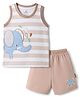 Child World Interlock Knit Sleeveless Elephant Embroidered & Printed Striped Tank T-Shirt & Shorts Set - Beige