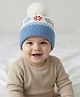 Babyhug Knit Woollen Cap With Pom Pom & Floral Design Blue - Diameter 13 cm