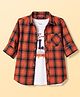 Pine Kids 100% Cotton Woven Full Sleeves Checked Shirt With Text Printed Tank T-Shirt - Orange