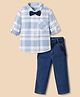 Robo Fry Cotton Woven Full Sleeves Checked Party Shirt and Pant Set with Bow and Suspender - Blue