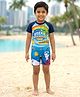 Kiddopanti Half Raglan Sleeves Sea Advanture Text Printed Swimsuit - Navy Blue & Light Blue
