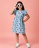 Kiddopanti Cotton Woven Frill Sleeves Honey Bee Printed Dress - Aqua Blue