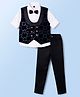 Radutu Full Sleeves Solid Shirt & Pants Set With Geometric Embroidered Waistcoat & Bow - Navy Blue & White