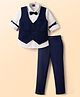 Radutu Full Sleeves Solid Shirt & Pant Set With Waistcoat & Bow - Navy Blue & White