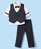 Radutu Full Sleeves Solid Shirt & Pants Set With Waistcoat & Bow - Navy Blue & White