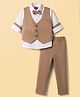 Radutu Full Sleeves Solid Shirt & Pants Set With Waistcoat & Bow - Fawn & White