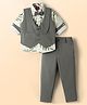 Radutu Full Sleeves Leaves Printed Shirt & Pant Set With Waistcoat & Bow - Olive Green & White
