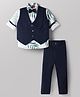 Radutu Full Sleeves Leaves Printed Shirt & Pants Set With Waistcoat & Bow - Navy Blue & White