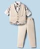 Radutu Full Sleeves Leaves Printed Shirt & Pant Set With Waistcoat & Bow - Beige & White