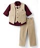Radutu Full Sleeves Shirt & Pants Set With Floral Applique Detailed Waistcoat & Bow - Khaki & Dark Maroon