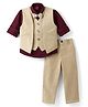 Radutu Full Sleeves Shirt & Pants Set With Floral Applique Detailed Waistcoat & Bow - Khaki & Dark Maroon
