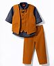 Radutu Full Sleeves Solid Shirt & Pants Set With Metal Applique Detailed Waistcoat & Bow - Rust & Dark Grey