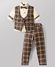 Radutu Full Sleeves Solid Shirt & Pant Set With Checked Waistcoat & Bow - Brown & Fawn