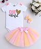 TINY MINY MEE Elastane Knit Half Sleeves One Derful Text Printed Onesie & Bow Applique Detailed Tutu Skirt With Headband - Multi Colour
