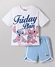 Bonfino Disney Interlock Knit Half Sleeves T-Shirt & Shorts Night Suit with Stitch Graphic - White