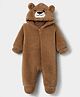 Babyhug Fur Woven Full Sleeves Hooded Winter Wear Romper With Bear Applique - Brown